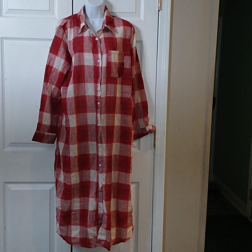 Zanzea  red white plaid button down shirt dress  Sz XXXL  NWT